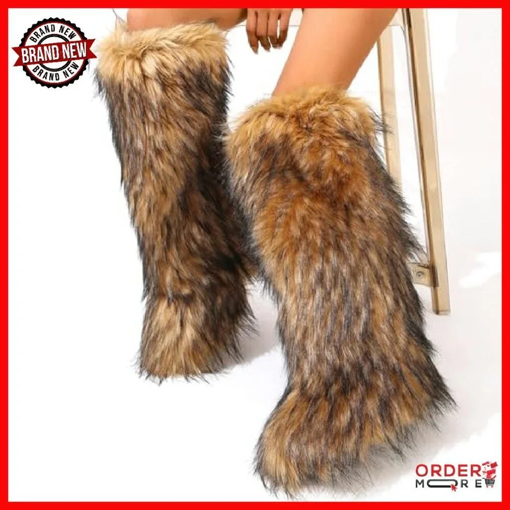 Women's Knee High Faux Fur Boots Winter Snow Flat Warm Fluffy